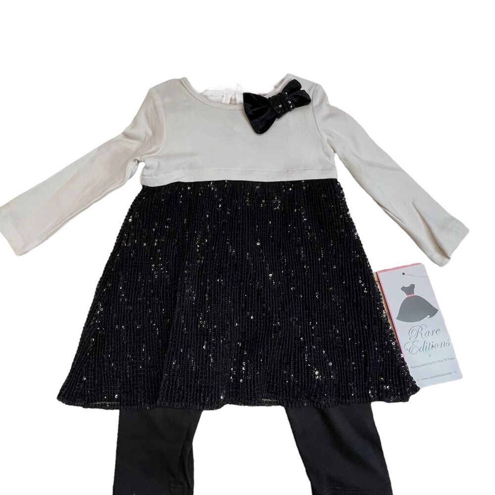 New Rare‎ Editions White Black Sequin Long Sleeve Dress Black Leggings Baby 24M